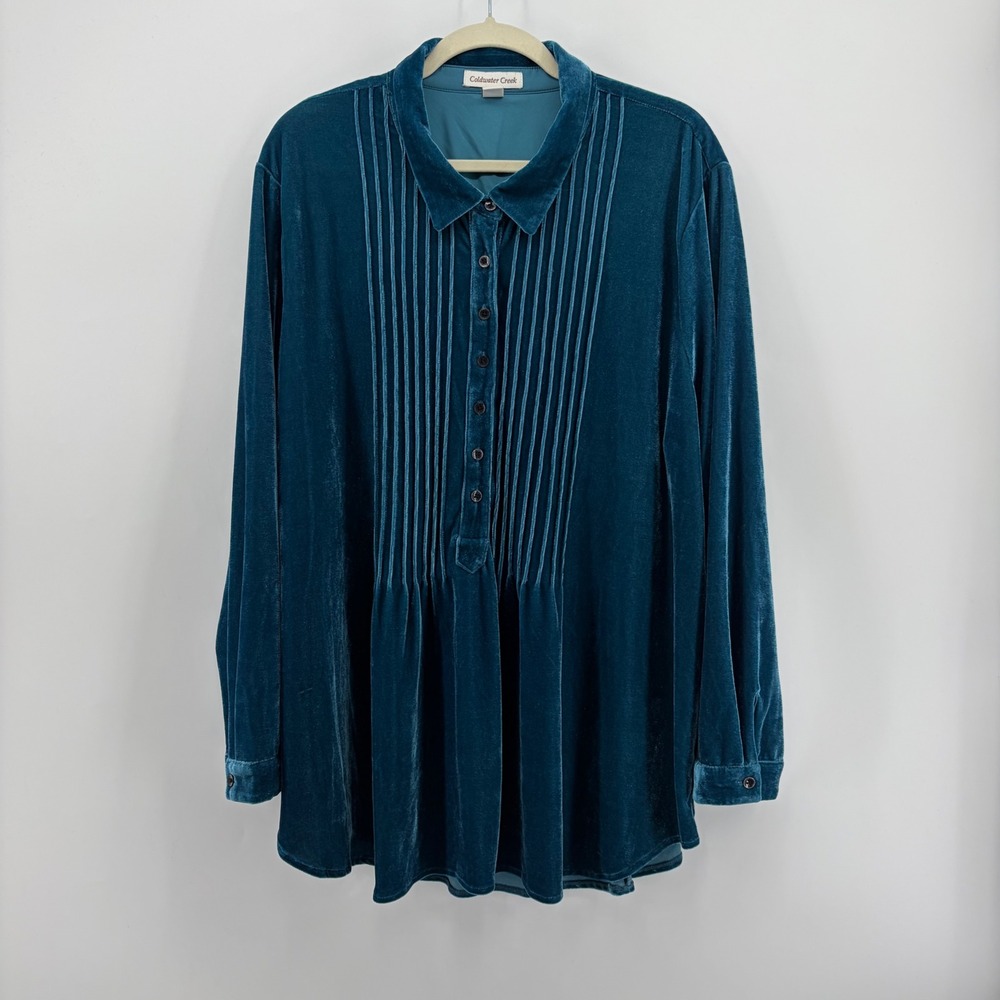 Coldwater Creek Womens 3X Teal Velvet Tunic Pintuck Pleated Button Front Blouse